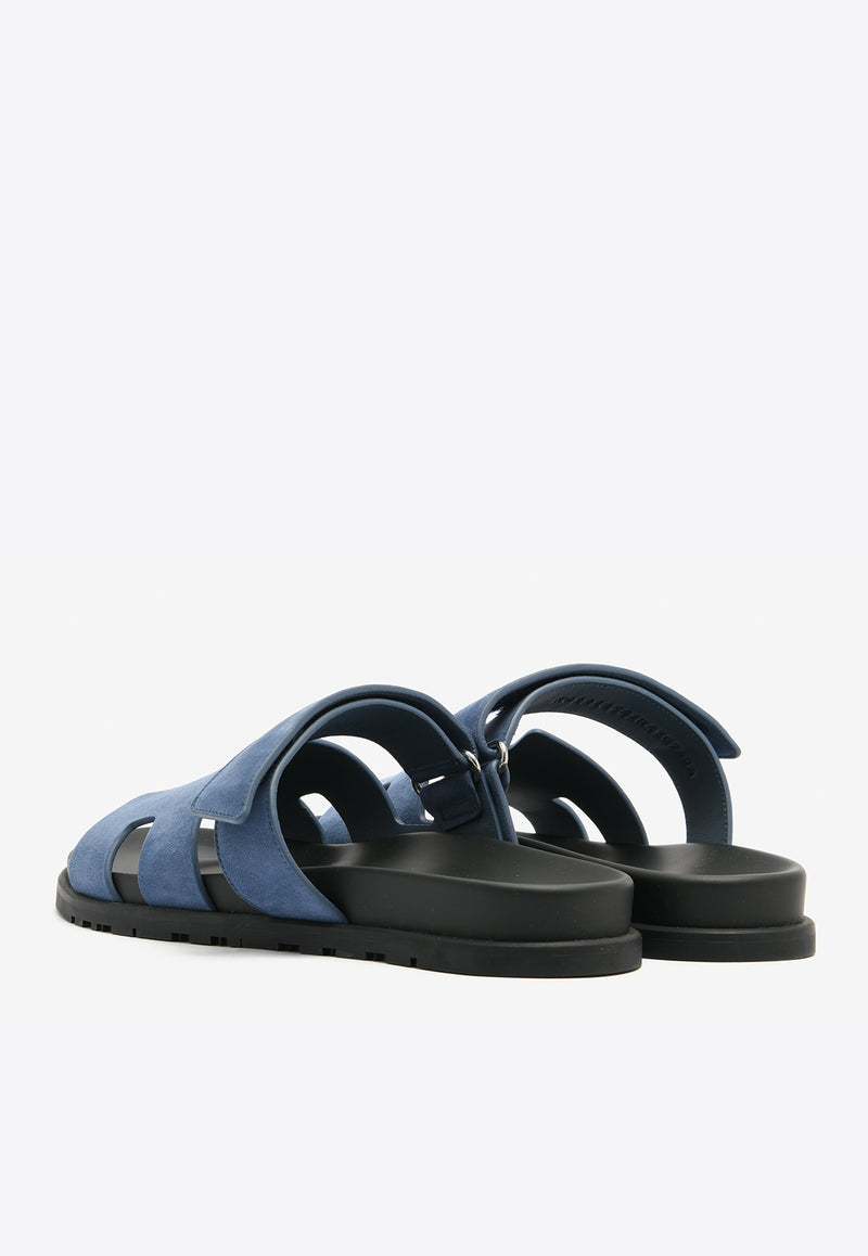 Hermès Chypre Sandals in Bleu Turquin Suede Leather