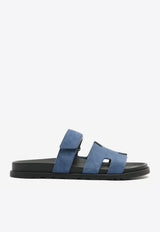 Hermès Chypre Sandals in Bleu Turquin Suede Leather