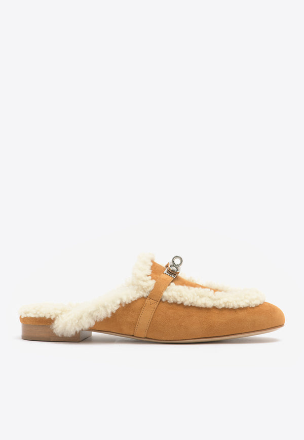 Hermès Oz Flat Mules in Naturel Suede and Ecru Shearling with Palladium Kelly Buckle OZFMNSESPHWHER