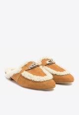 Hermès Oz Flat Mules in Naturel Suede and Ecru Shearling with Palladium Kelly Buckle OZFMNSESPHWHER