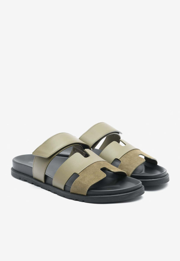 Hermès Chypre Sandals in Vert Toundra Calfskin and Suede