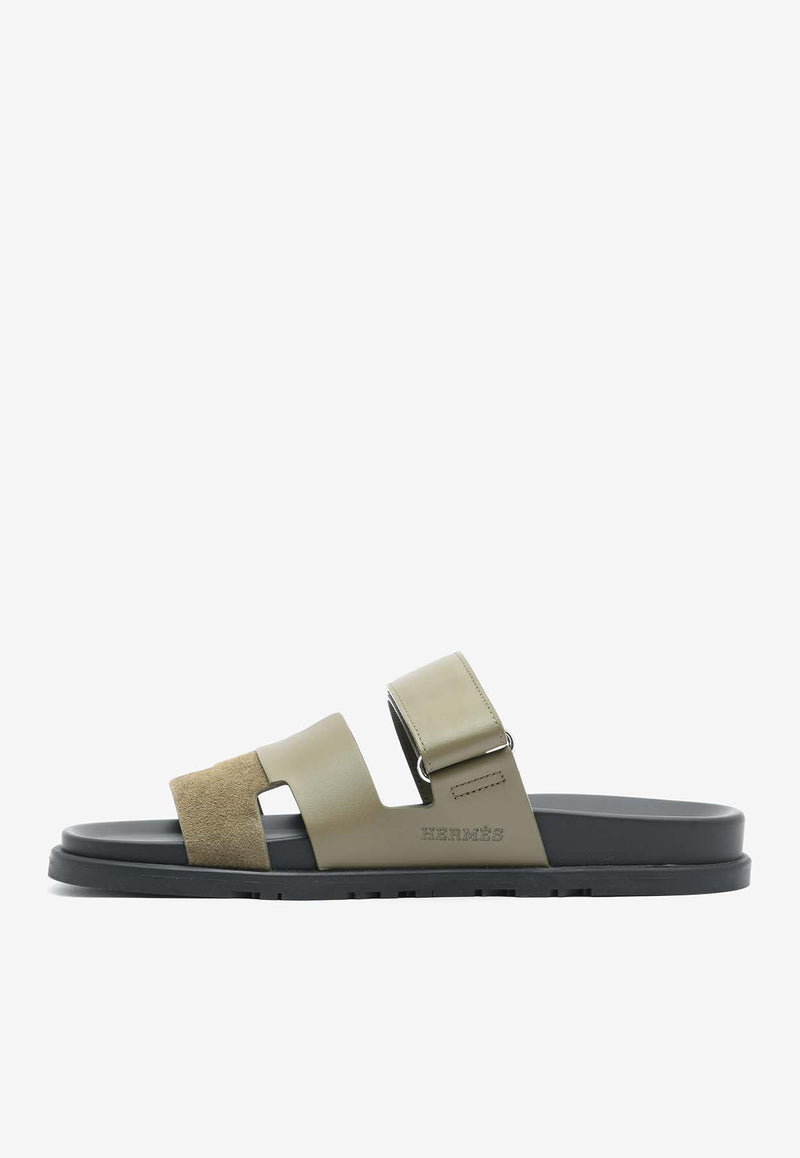 Hermès Chypre Sandals in Vert Toundra Calfskin and Suede