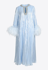 Self-Portrait Feather-Trimmed Metallic Chiffon Midi Dress Light Blue SC24-950M-BLBLUE