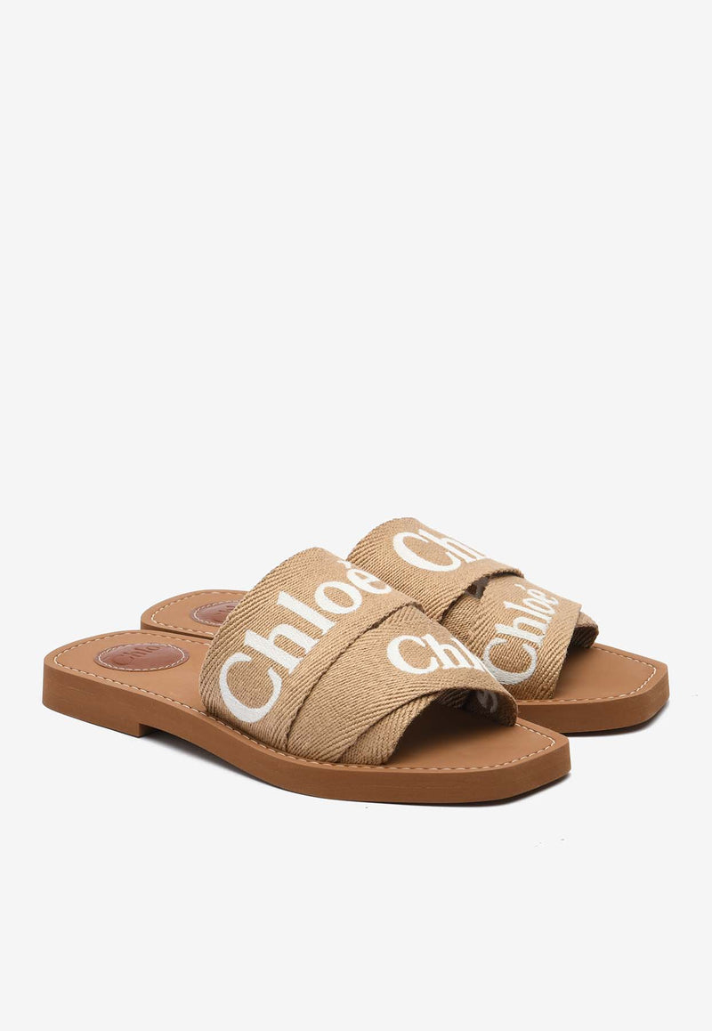 Chloé Woody Logo Jacquard Flat Sandals CHC23U188EFBEIGE