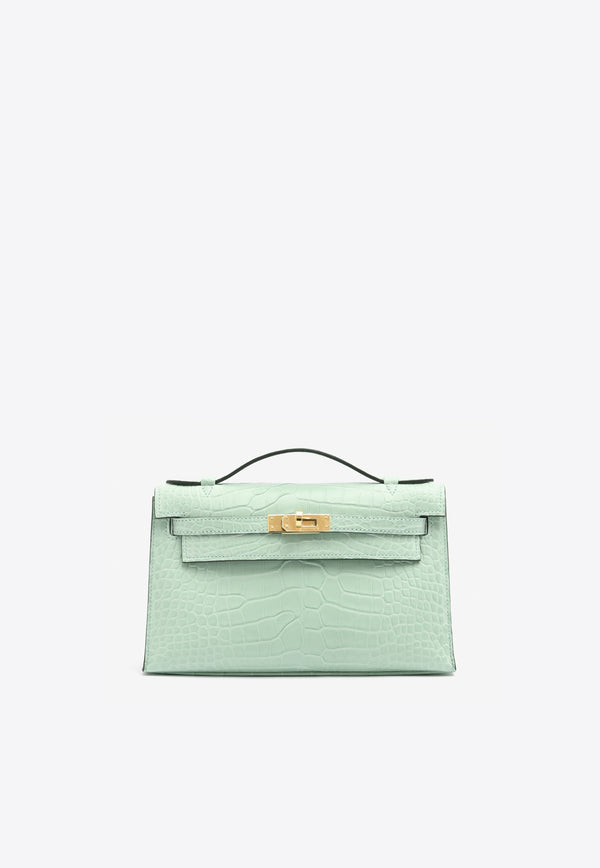 Hermès Kelly Pochette Clutch Bag in Vert d
Eau Matte Alligator with Gold Hardware