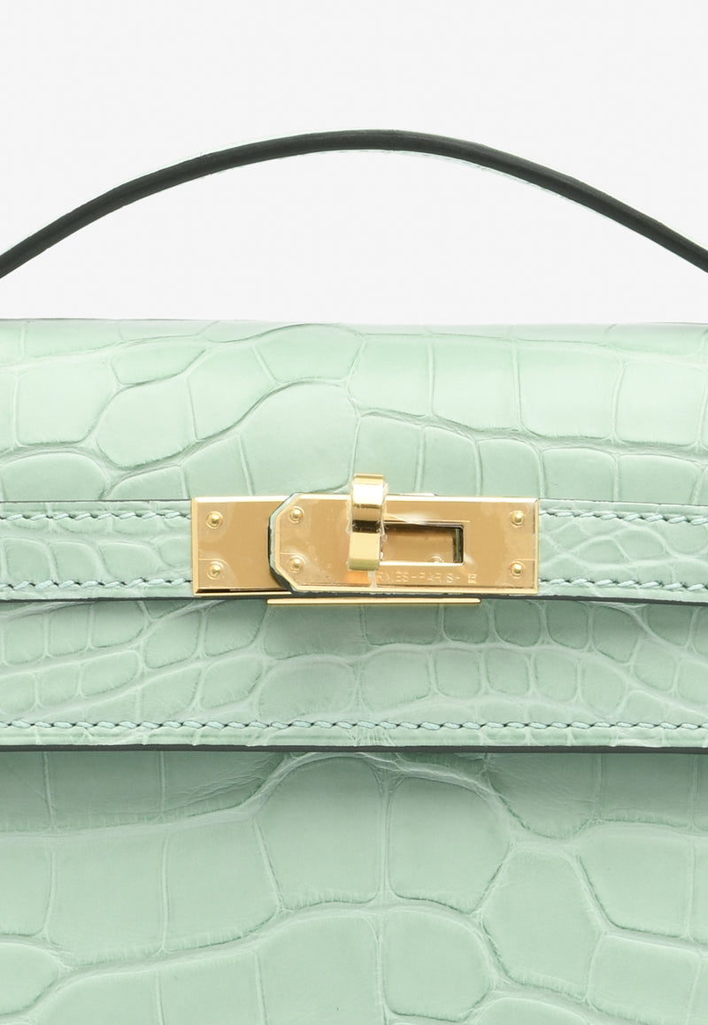 Hermès Kelly Pochette Clutch Bag in Vert d
Eau Matte Alligator with Gold Hardware