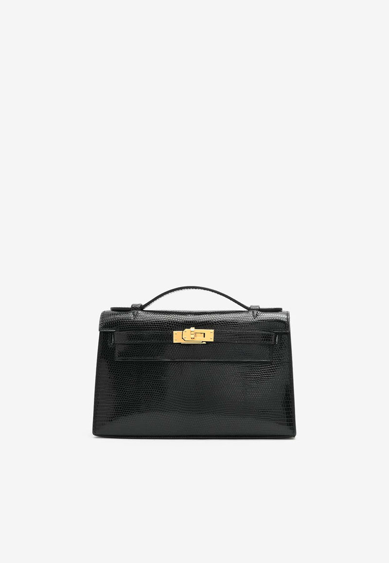 Hermès Kelly Pochette Clutch Bag in Black Shiny Nilo Lizard with Gold Hardware