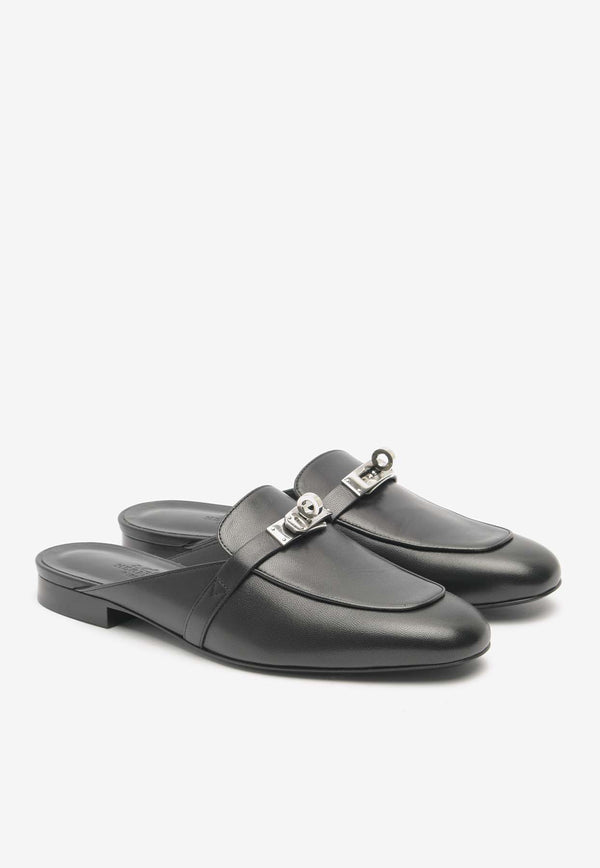 Hermès Oz Leather Flat Mules with Palladium Kelly Buckle