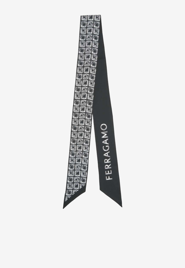 Salvatore Ferragamo Graphic Logo Silk Tie Scarf 320845 TW ETCHED C 771453 BLACK/IVORY