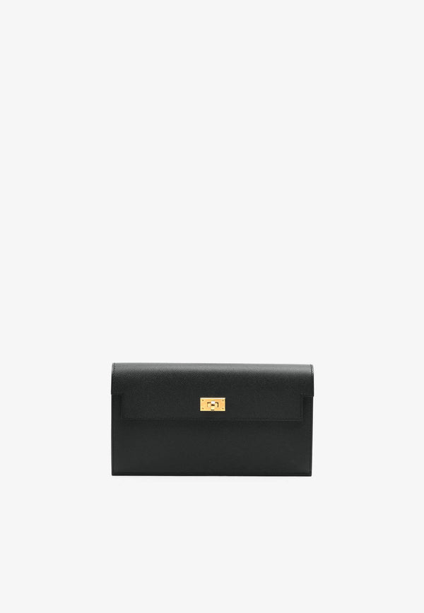 Kelly Pocket Long Wallet in Black Epsom Leather with Gold Hardware