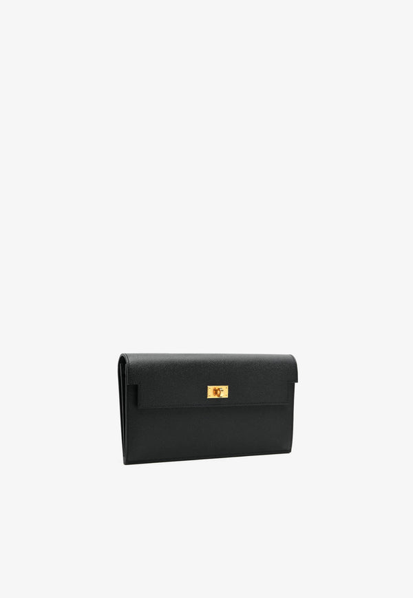 Kelly Pocket Long Wallet in Black Epsom Leather with Gold Hardware