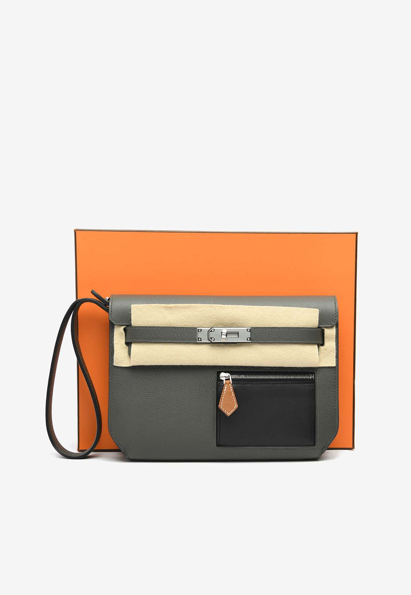 Hermès Kelly Depeches 25 Colormatic Pouch in Vert de Gris Evercolor, Black Evergrain and Fauve Barenia