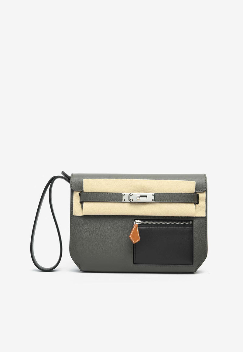 Hermès Kelly Depeches 25 Colormatic Pouch in Vert de Gris Evercolor, Black Evergrain and Fauve Barenia