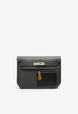 Hermès Kelly Depeches 25 Colormatic Pouch in Vert de Gris Evercolor, Black Evergrain and Fauve Barenia