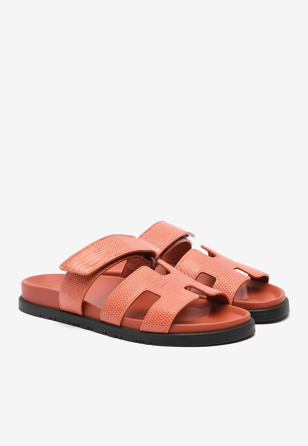 Hermès Chypre Sandals in Orange Brulee Shiny Lizard