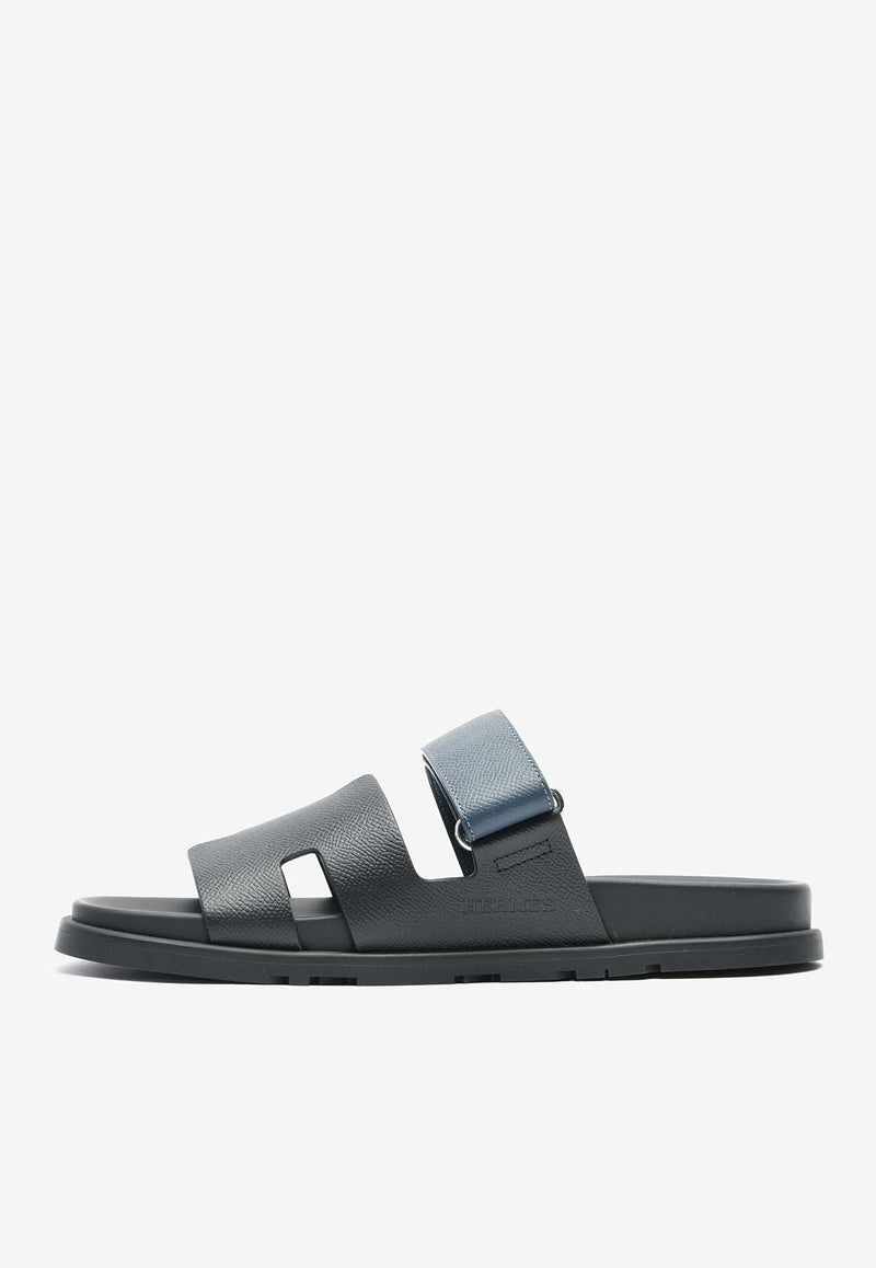 Hermès Chypre Sandals in Black and Bleu Celeste Epsom Leather