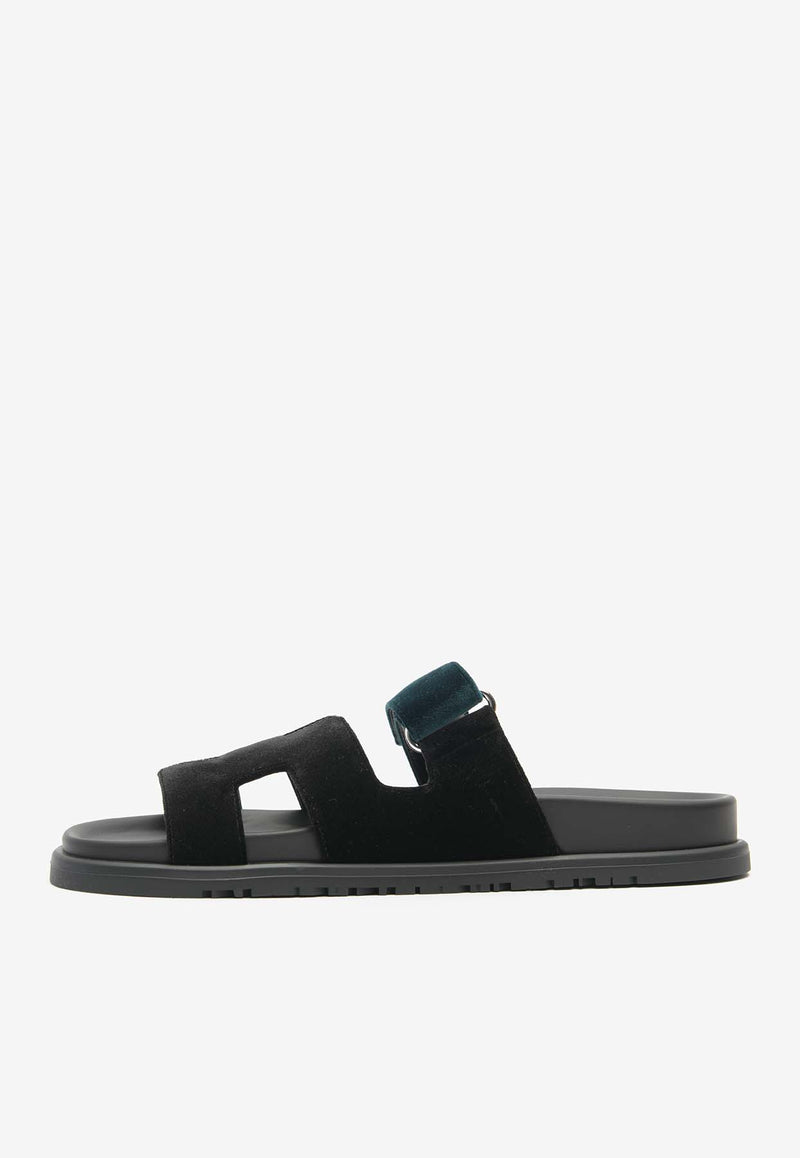 Hermès Chypre Sandals in Black and Vert Mousse Velvet