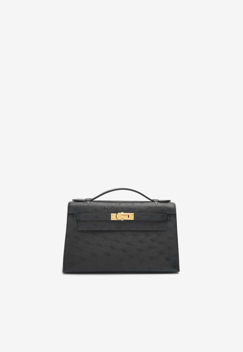 Hermès Kelly Pochette Clutch Bag in Black Ostrich Leather with Gold Hardware