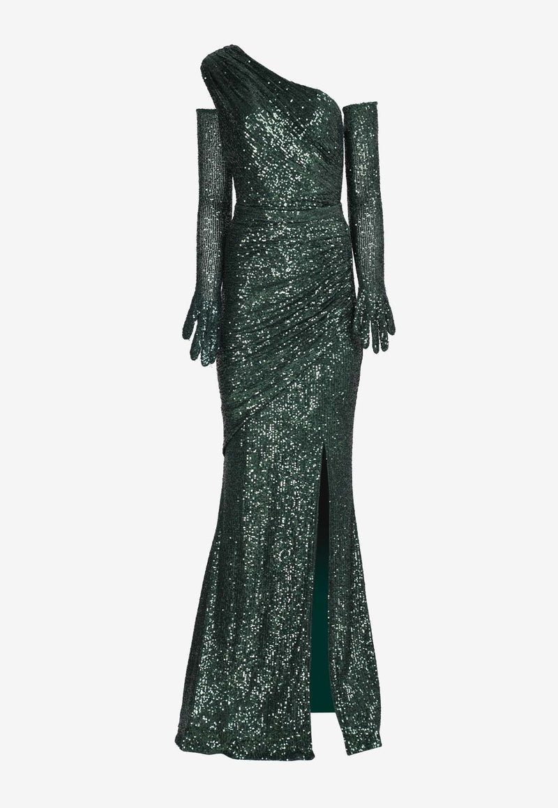 Zeena Zaki One-Shoulder Sequined Gown with Gloves Green FW23/24-26-DGNGREEN