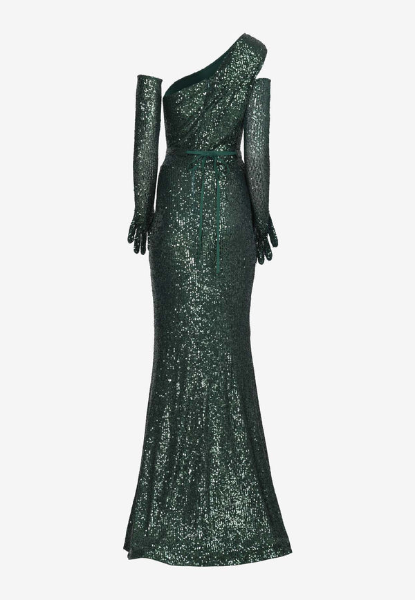 Zeena Zaki One-Shoulder Sequined Gown with Gloves Green FW23/24-26-DGNGREEN