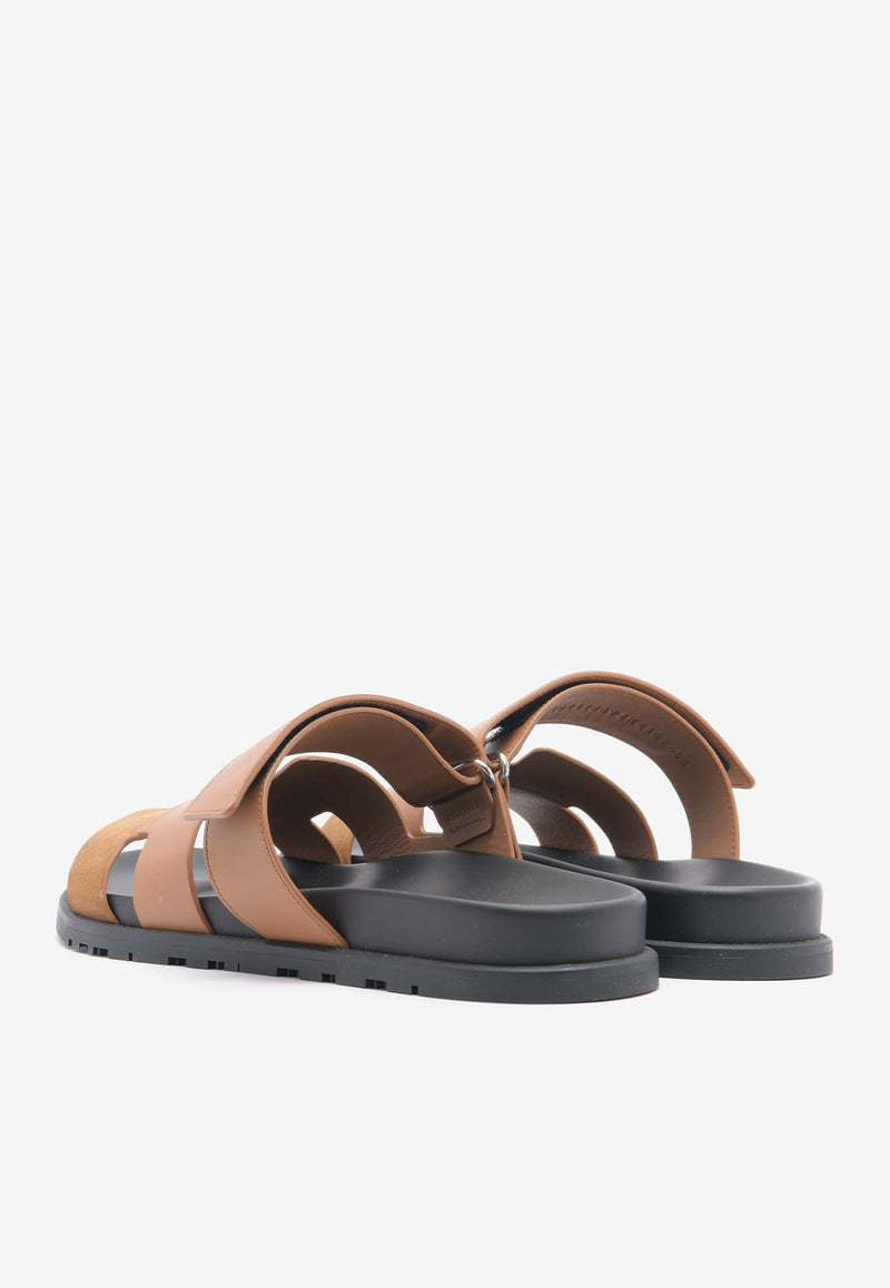 Hermès Chypre Sandals in Naturel Calfskin and Brun Suede