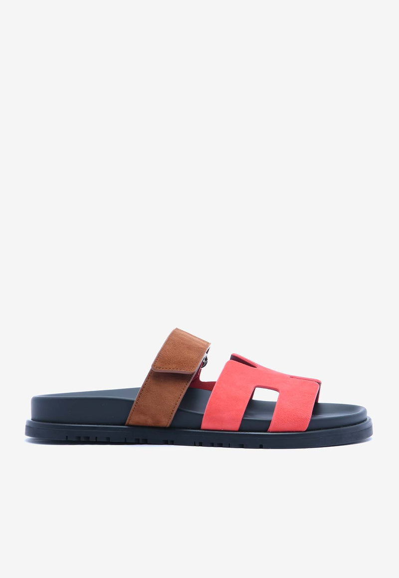 Hermès Chypre Sandals in Rouge Cinetique and Gold Suede