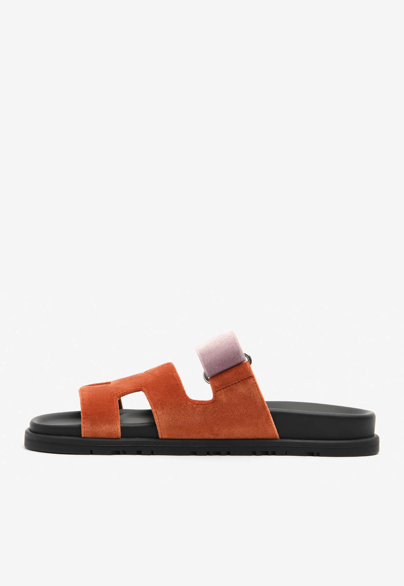 Hermès Chypre Sandals in Orange Canyon and Bruyere Velvet