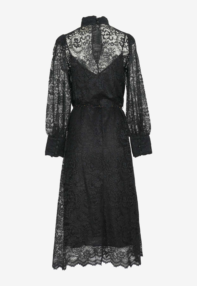 Farm Rio High-Neck Lace Midi Dress Black 330416BLACK