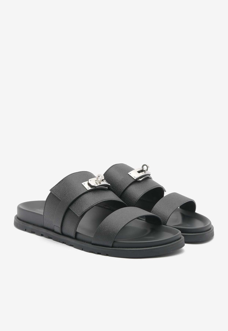 Hermès Jackson Sandals in Black Epsom with Palladium Kelly Buckle