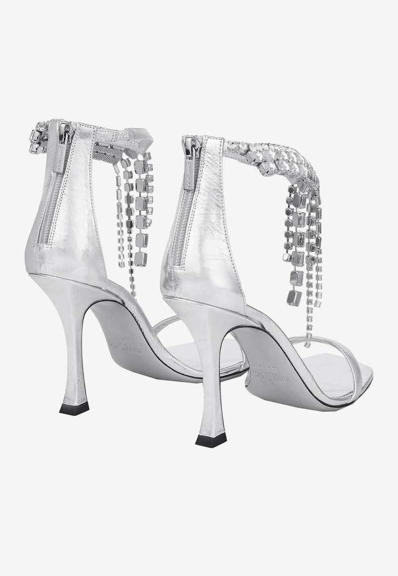 Jimmy Choo Verity 100 Crystal-Embellished Metallic Leather Sandals VERITY SANDAL100 BYK SILVER Silver