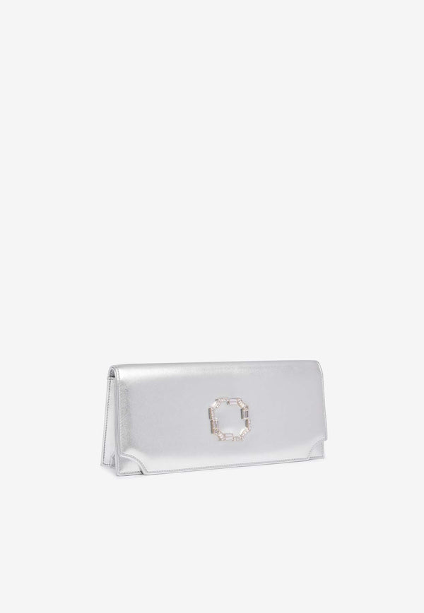 Malone Souliers Vivien Crest Buckle Clutch in Metallic Leather VIVIEN 35 SILVER