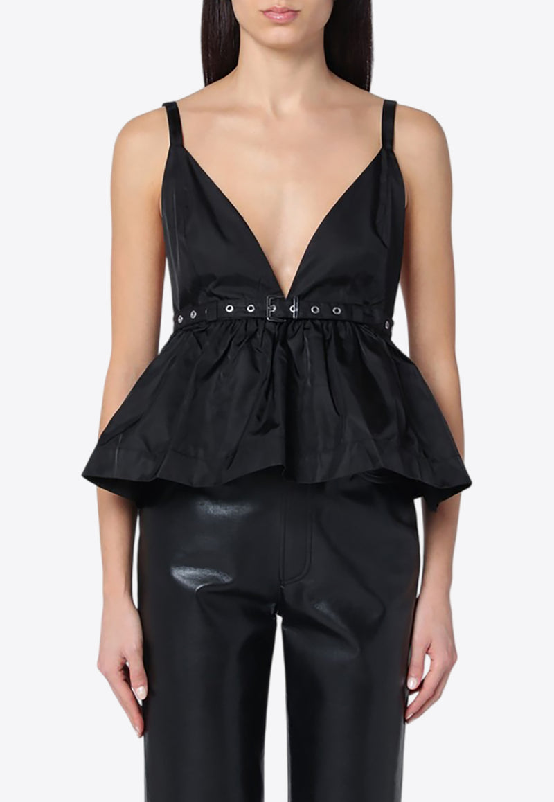 GANNI Belted Duchesse V-neck Top Black W0175NY/Q_GAN-099