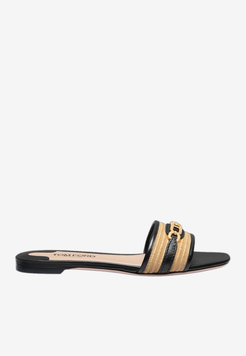 Tom Ford Whitney Raffia and Leather Slides W3523-TRA004G 3JN04 Black