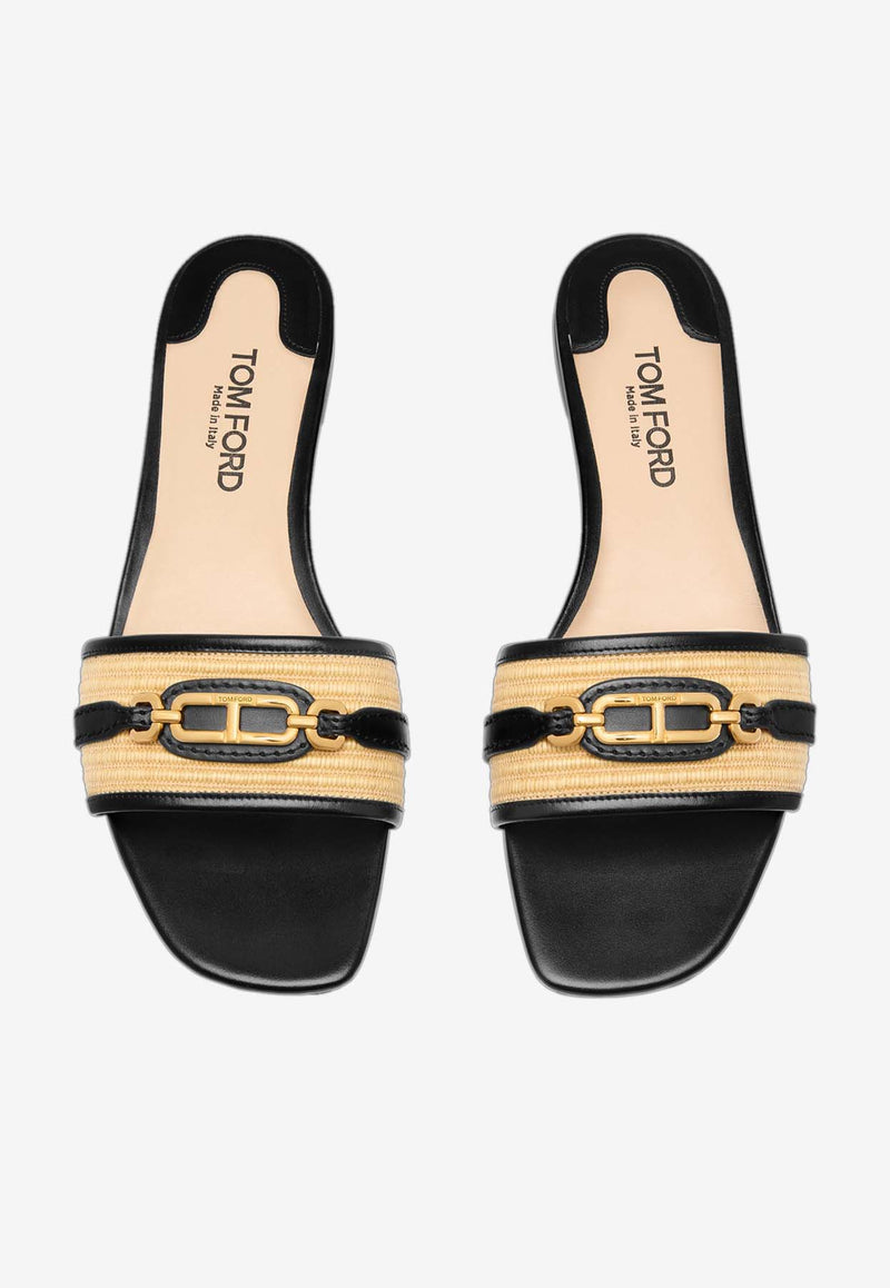 Tom Ford Whitney Raffia and Leather Slides W3523-TRA004G 3JN04 Black