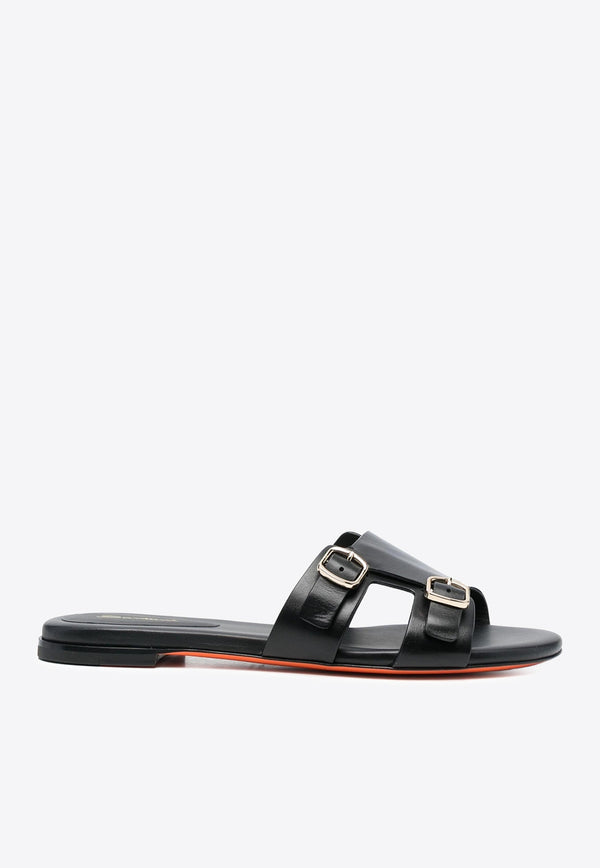 Santoni Double-Strap Leather Flat Sandals WHPF70071HA1TLGAN01BLACK