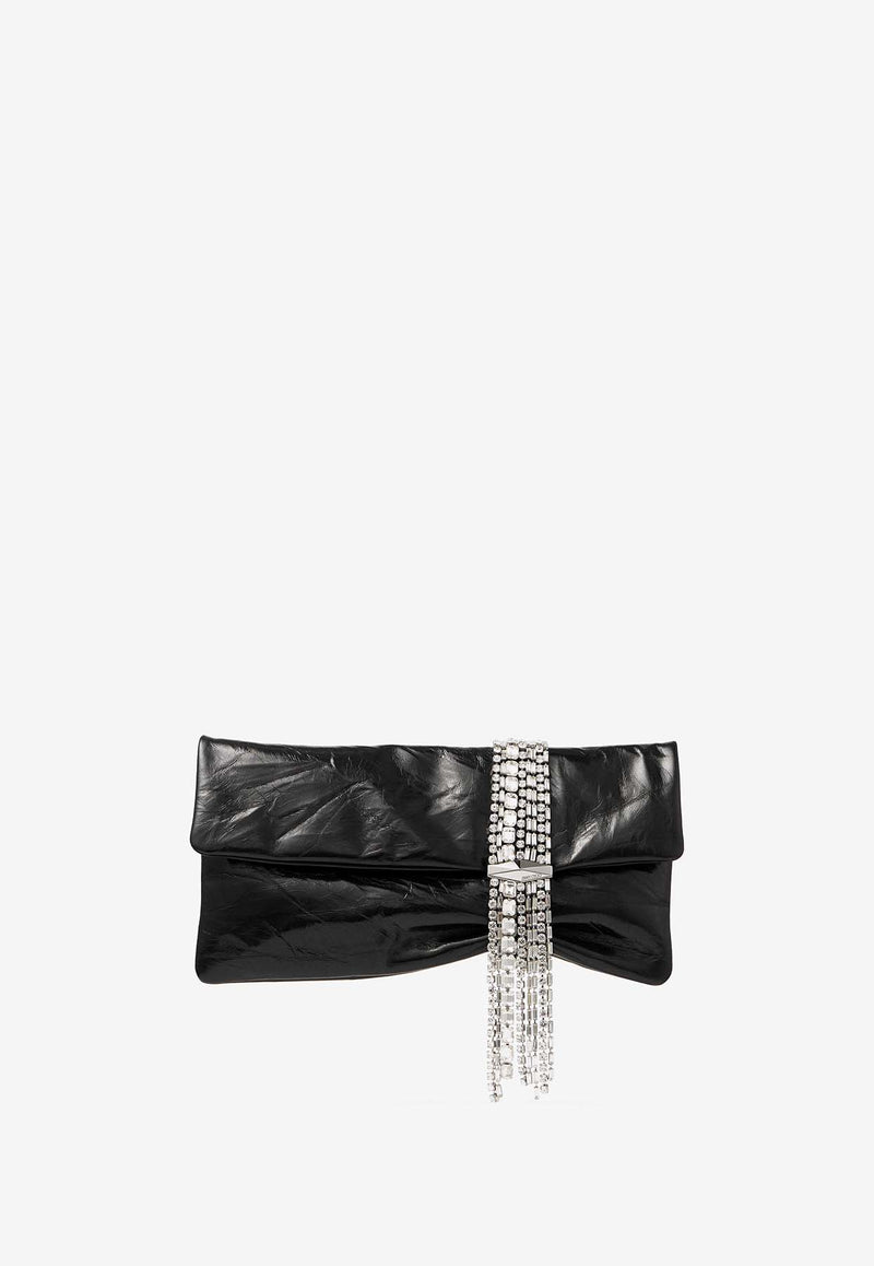 Jimmy Choo Zandra Crystal-Embellished Clutch in Metallic Leather ZANDRA BYN BLACK/SILVER Black