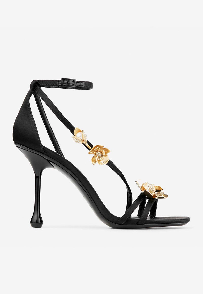 Zea 95 Flower-Embellished Sandals Jimmy Choo ZEA 95 BGU BLACK/METAL MIX