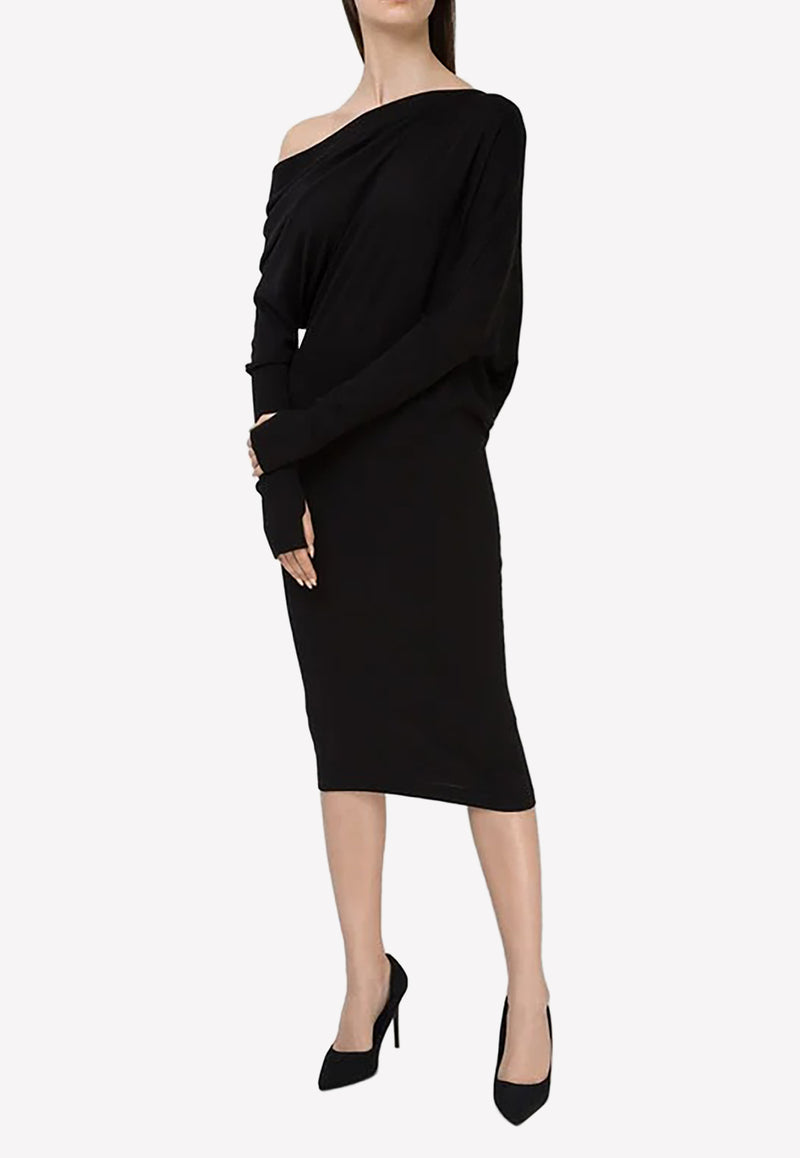 Draped Shoulder Cahmere and Silk Midi DressBlackACK145-YAX087 LB999Tom Ford