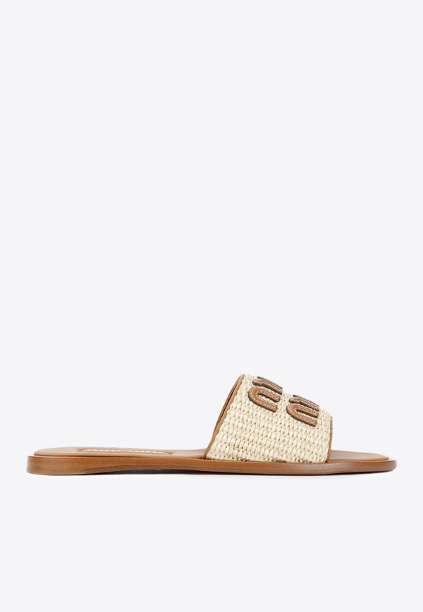 Logo-Embossed Woven Raffia Flat Sandals