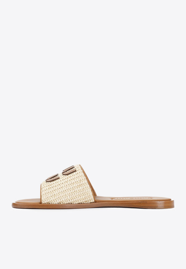 Logo-Embossed Woven Raffia Flat Sandals