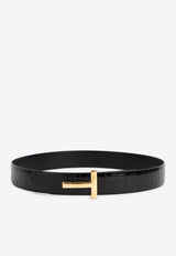 Reversible T-Buckle Belt in Croc-Embossed Leather