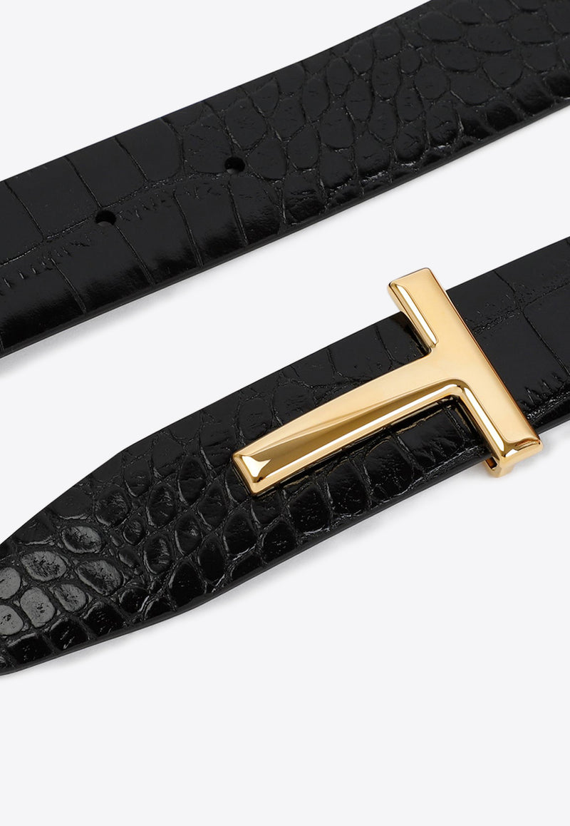 Reversible T-Buckle Belt in Croc-Embossed Leather