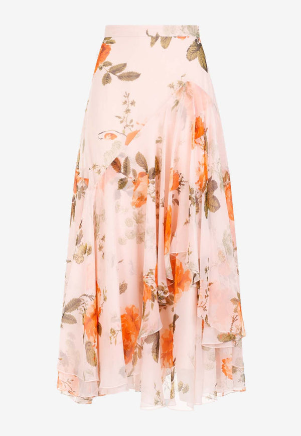 Floral Print Asymmetric Midi Skirt