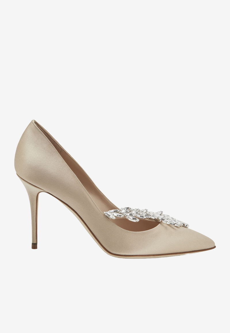 Manolo Blahnik Nadira 90 Satin Crystal Leaf Embellished Pumps NADIRA 90 NUDE 2601 0367-0031