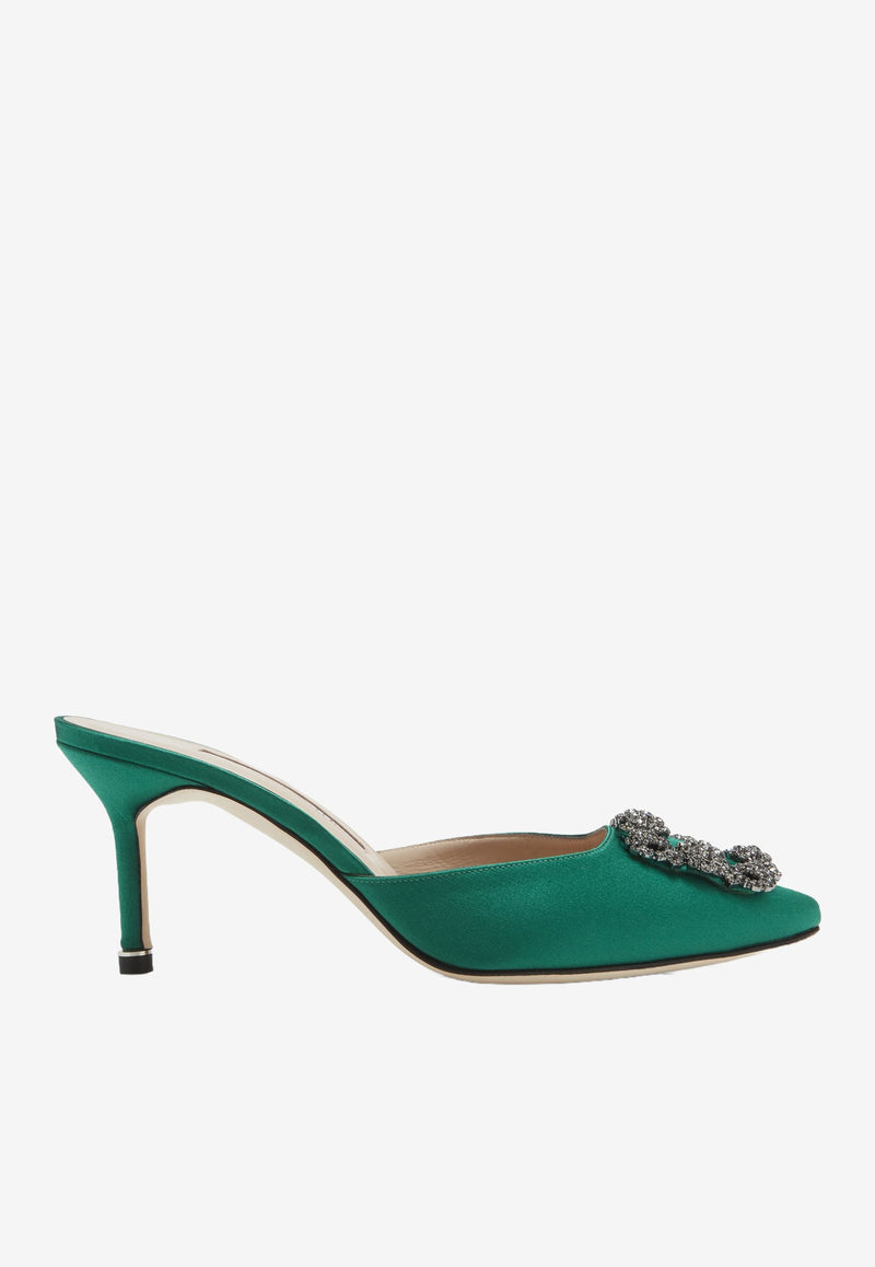 Manolo Blahnik Hangisimu 70 Satin Mules with FMC Crystal Buckle HANGISIMU FMC 70 GREEN 3206 0726-0050