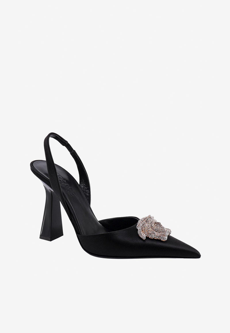 Versace 80 Crystal Embellished Medusa Slingback Pumps in Satin 1001207 1A00619 1B000 Black