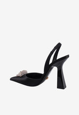 Versace 80 Crystal Embellished Medusa Slingback Pumps in Satin 1001207 1A00619 1B000 Black