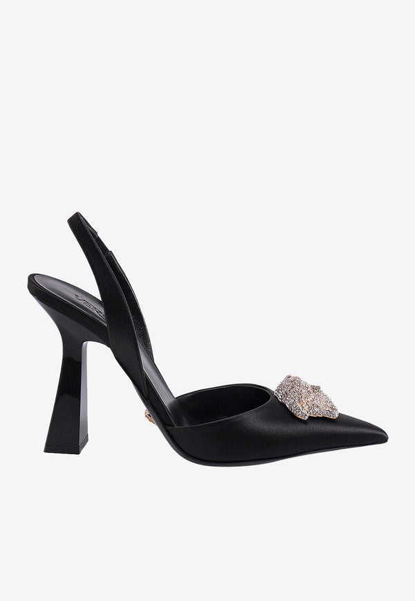 Versace 80 Crystal Embellished Medusa Slingback Pumps in Satin 1001207 1A00619 1B000 Black