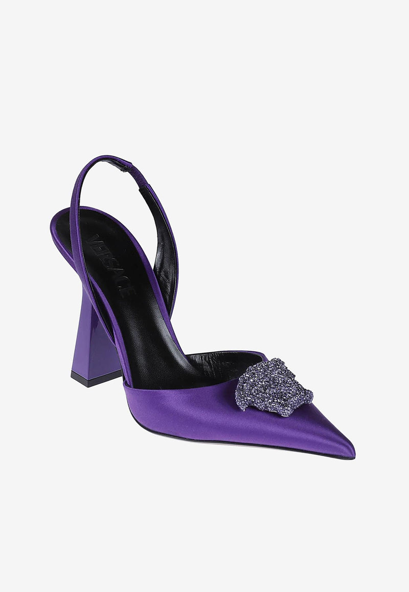 Versace 80 Crystal Embellished Medusa Slingback Pumps in Satin 1001207 1A00619 1LA70 Purple