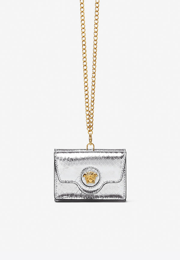 Versace La Medusa Trifold Chain Wallet in Python-Embossed Leather Silver 1003085 1A04290 1E01V